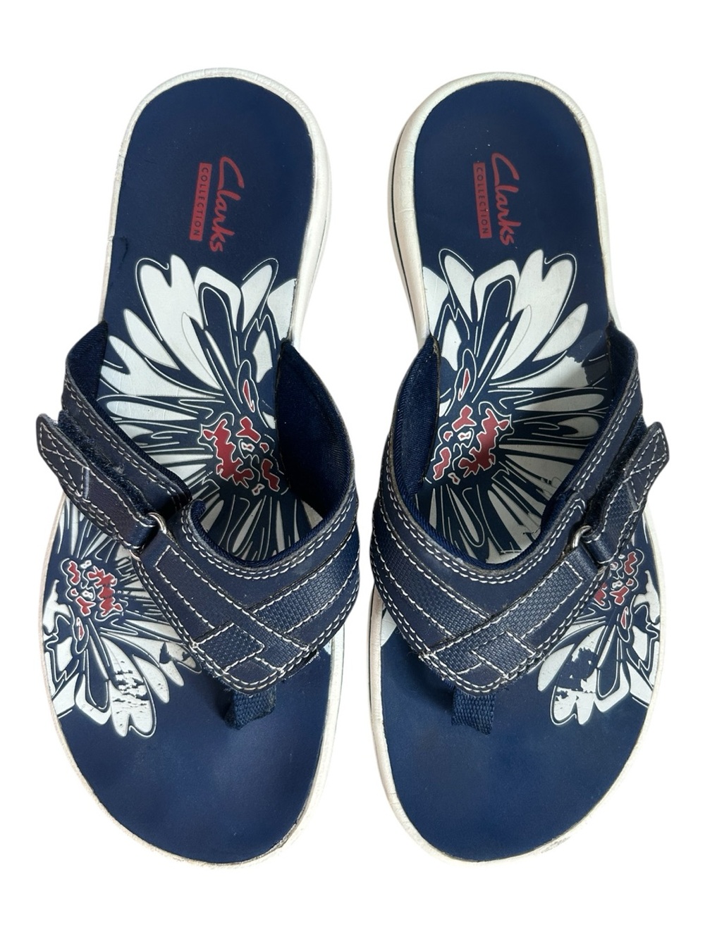 Clarks Cloudsteppers Breeze Sea Flip Flops Navy Blue Floral Print Womens Medium - Picture 2 of 11